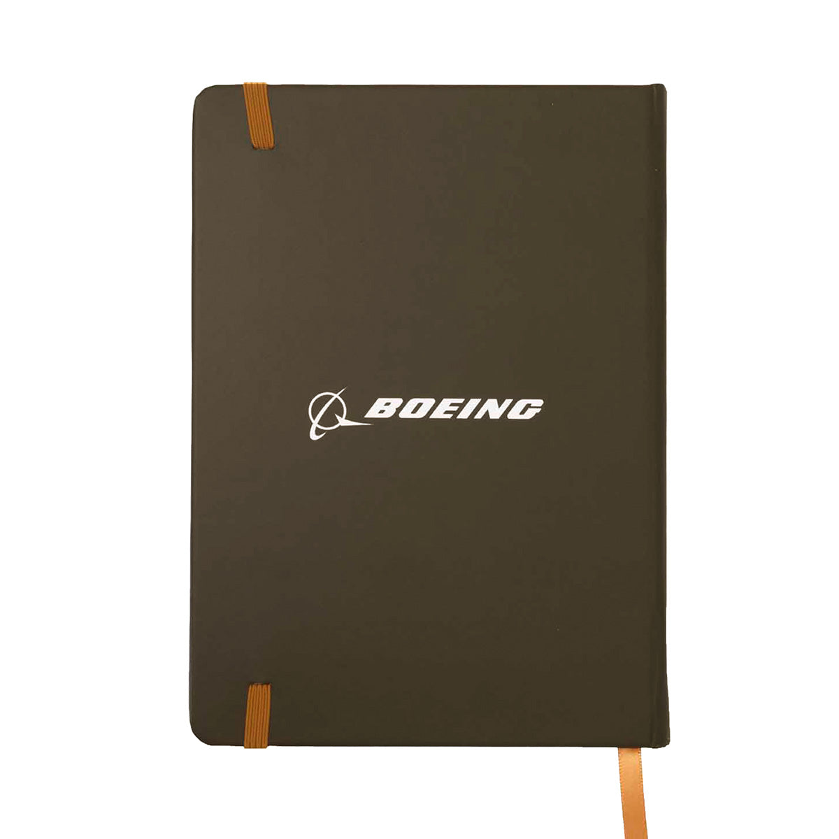 The Boeing Heritage Airplane Company Notebook by BOEING features a dark cover, orange elastic bands, a ribbon bookmark, white airplane company logo on the front, and ruled pages inside.
