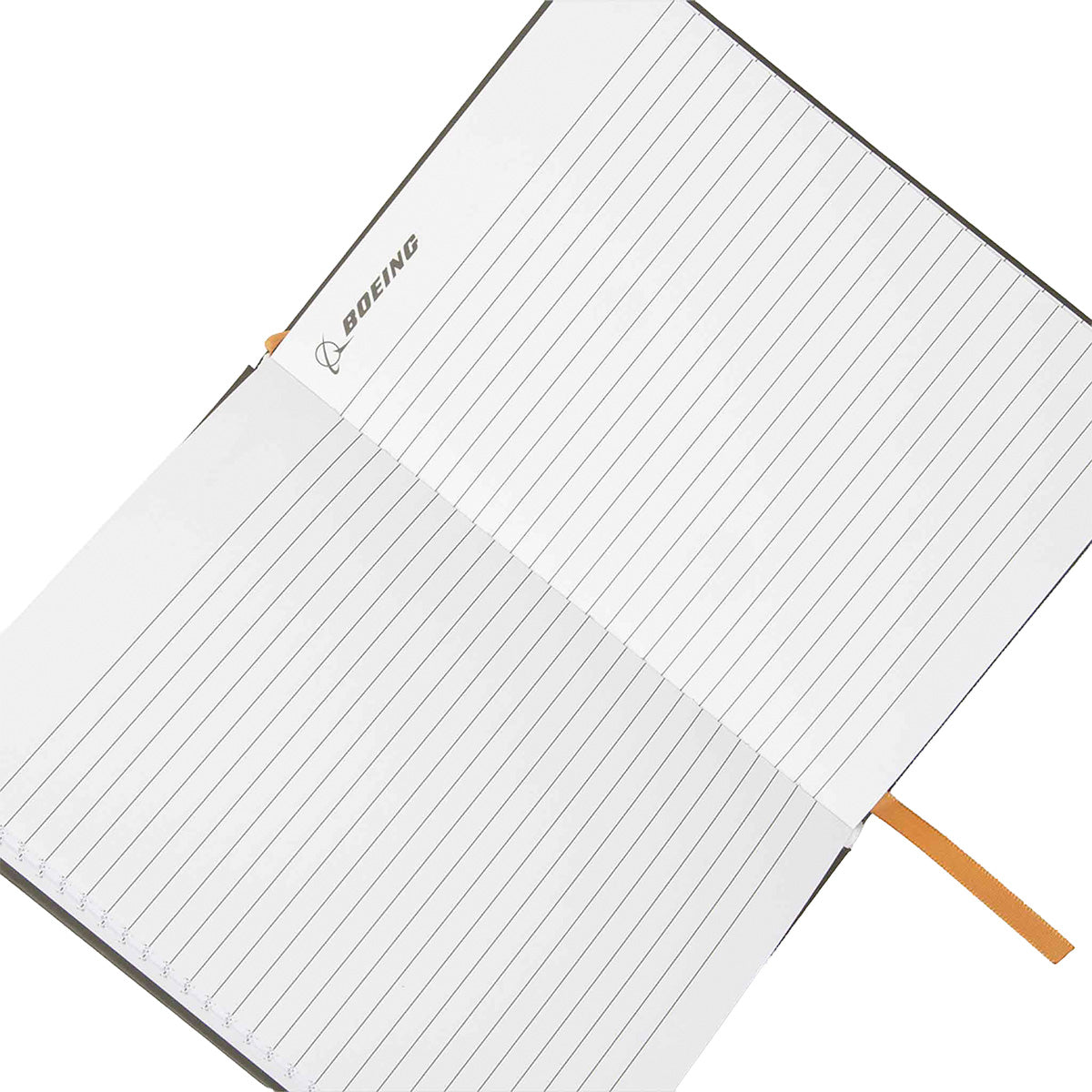 An open ruled Boeing Heritage Airplane Company Notebook by BOEING features the company logo on the top left page and an orange ribbon bookmark—ideal for aviation enthusiasts.