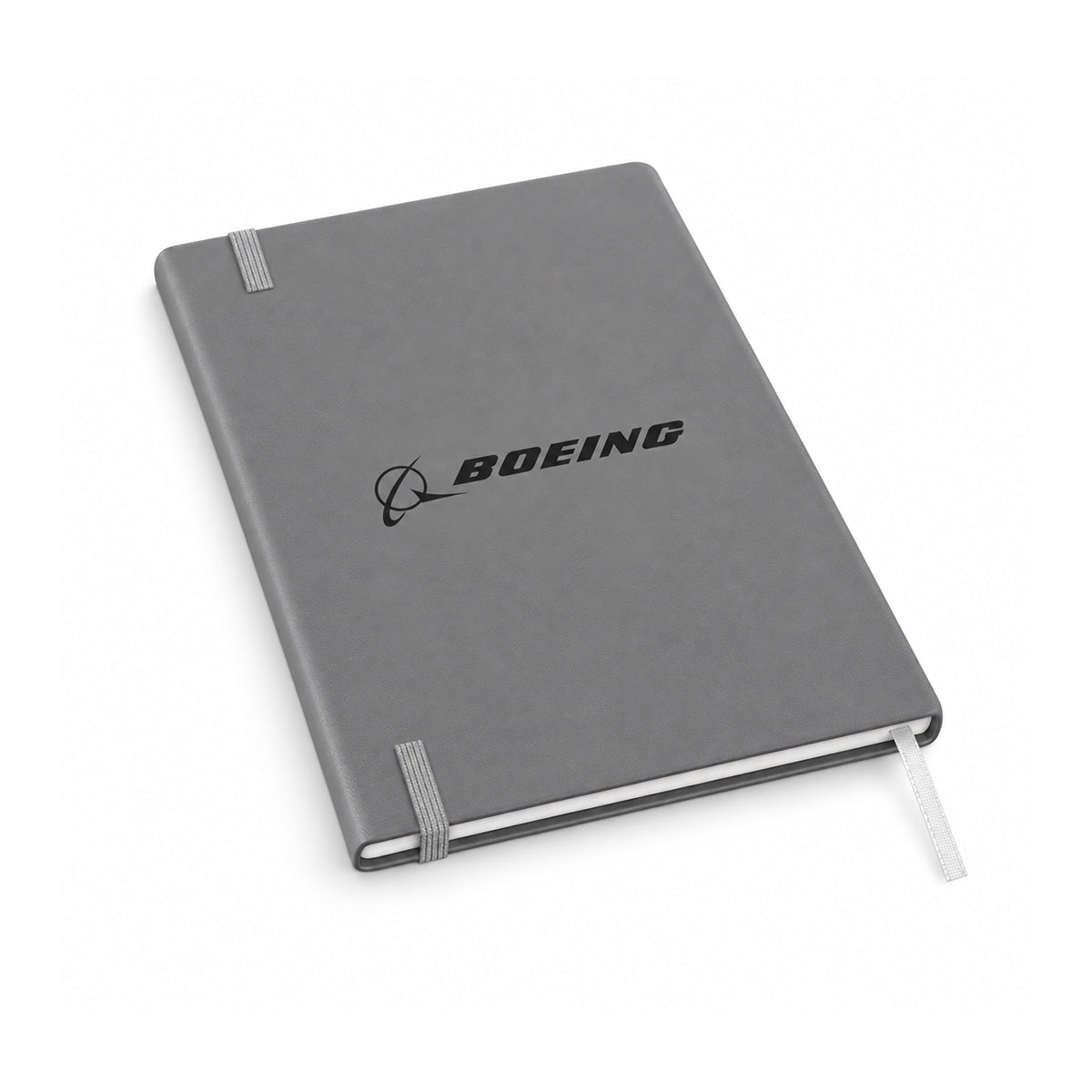 Introducing the Boeing Phantom Works Leather Bound Notebook by BOEING—a stylish gray notebook featuring an elastic band, ribbon bookmark, and the Boeing logo printed in black on the cover. Crafted with 70GSM paper to ensure a premium writing experience.