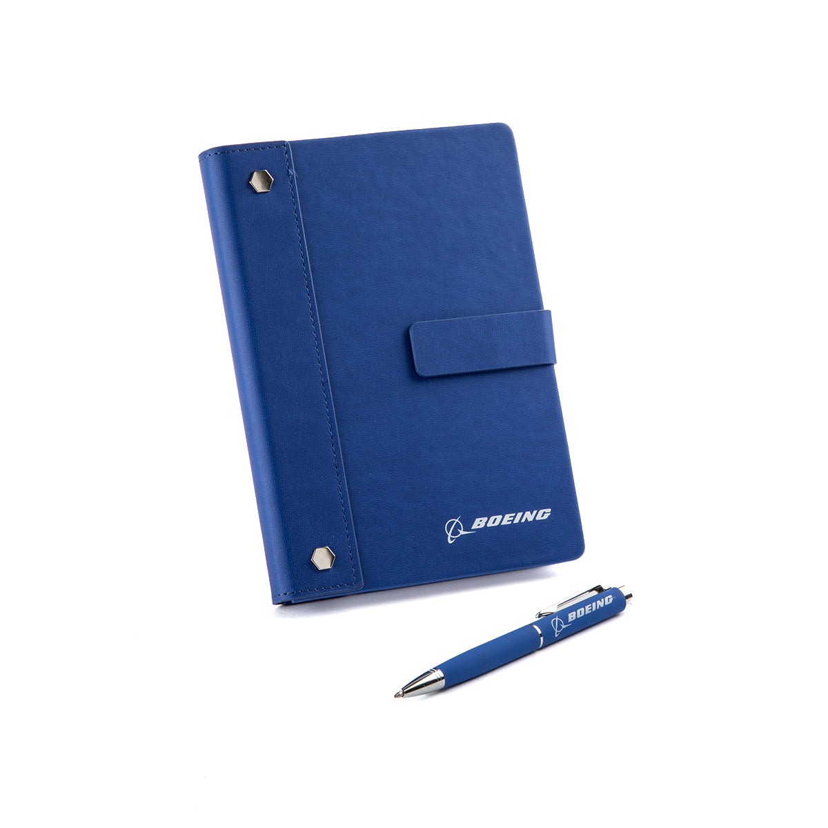 The Boeing Signature Logo Notebook Pen Set by BOEING, featuring a blue PU leather notebook with clasp and matching pen, both with the “Boeing” logo, is displayed upright on a white background.