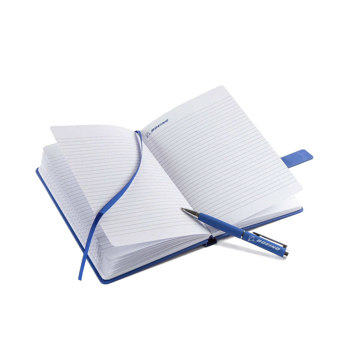 The BOEING Signature Logo Notebook Pen Set features a blue PU leather notebook with ribbon bookmark and a matching pen, both elegantly displaying the Boeing logo.