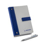 The Boeing Signature Logo Notebook Pen Set by BOEING features a gray and blue PU leather notebook with a strap closure and a matching pen set, both printed with the Boeing logo.