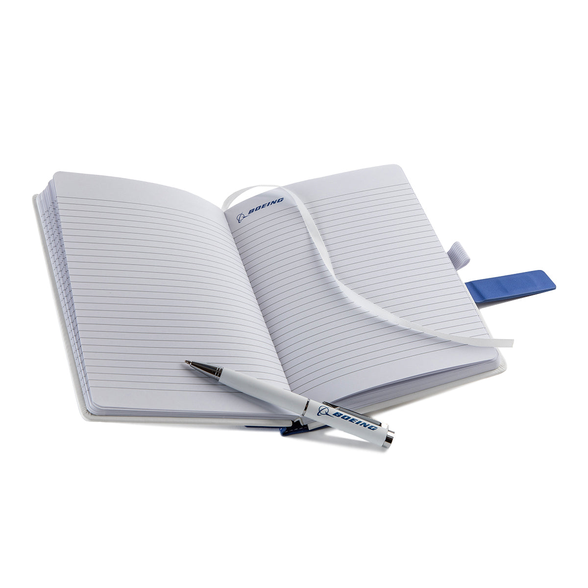 The Boeing Signature Logo Notebook Pen Set by BOEING includes a PU leather notebook with a blue strap holder, ribbon bookmark, blank pages, and a matching logo pen—both featuring the iconic BOEING logo for an elegant note-taking experience.