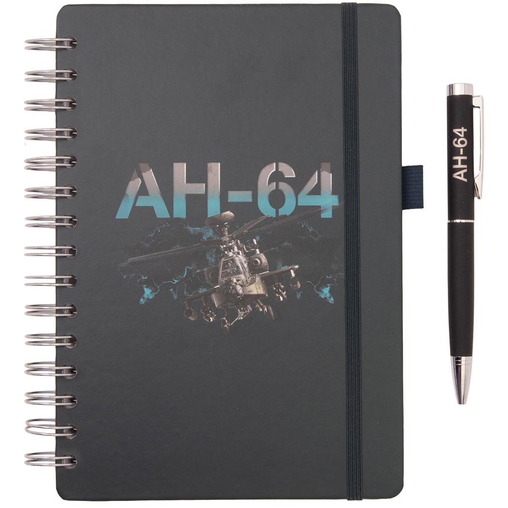 Boeing AH-64 Apache Graphic Notebook Pen Set featuring a spiral-bound black notebook with an AH-64 Apache illustration and a matching black pen labeled AH-64.