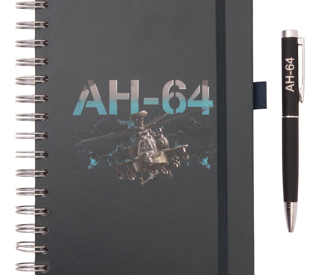 Boeing AH-64 Apache Graphic Notebook Pen Set featuring a spiral-bound black notebook with an AH-64 Apache illustration and a matching black pen labeled AH-64.