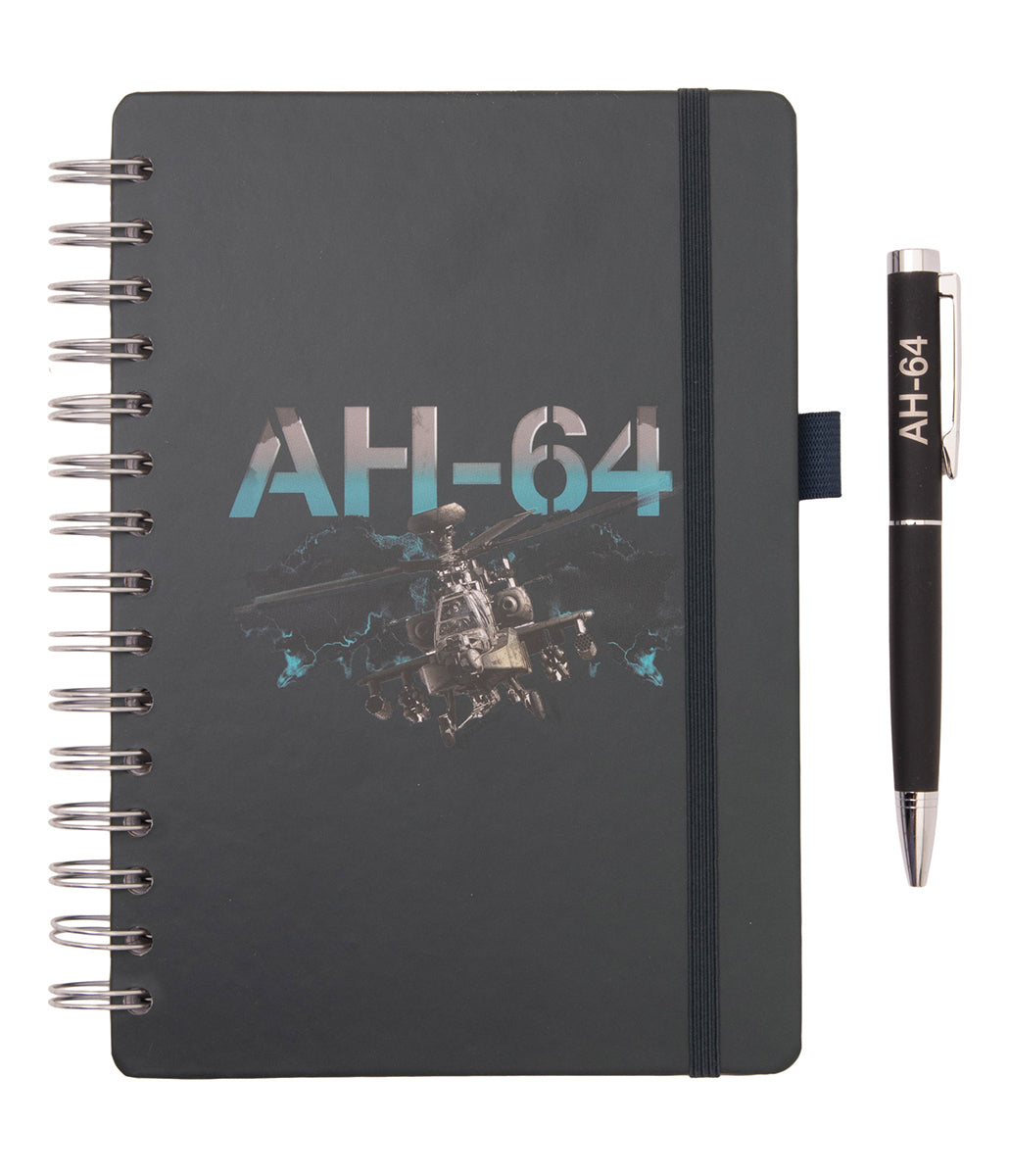 Boeing AH-64 Apache Graphic Notebook Pen Set featuring a spiral-bound black notebook with an AH-64 Apache illustration and a matching black pen labeled AH-64.