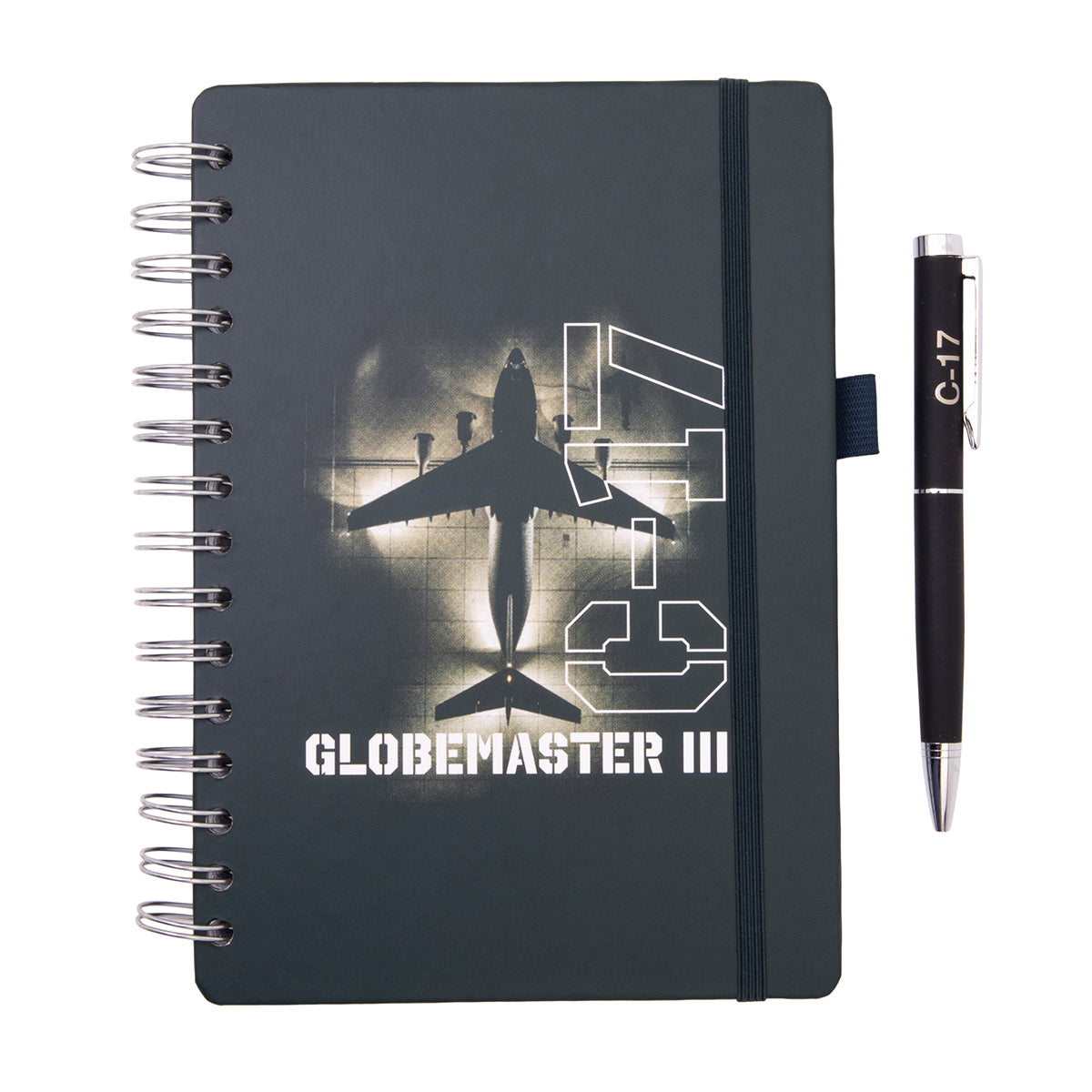 A Boeing C-17 Globemaster Graphic Notebook Pen Set featuring a spiral-bound notebook with a C-17 Globemaster III cargo airplane graphic and a matching black pen labeled C-17.