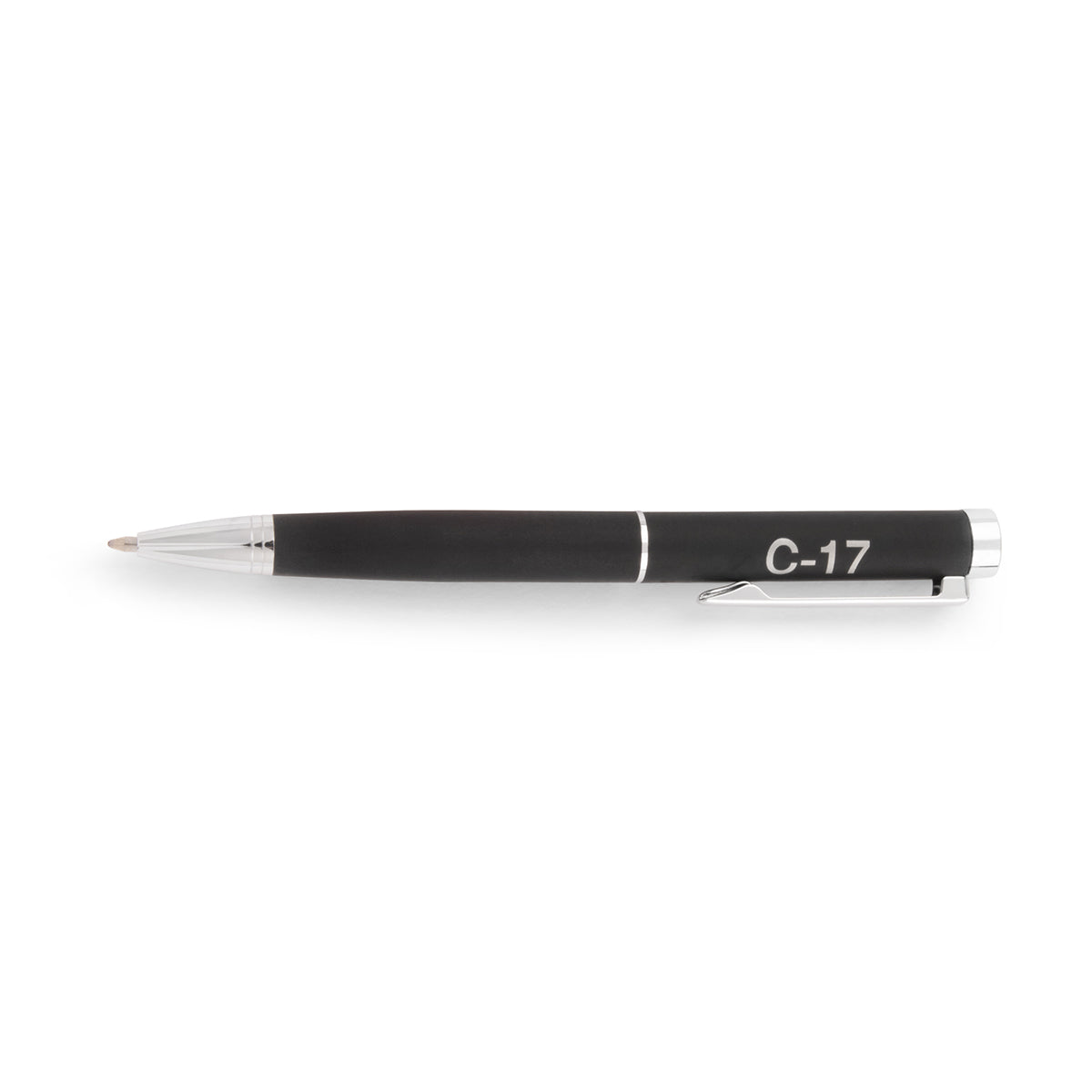 Black retractable ballpoint pen from the Boeing C-17 Globemaster Graphic Notebook Pen Set, featuring silver accents and C-17 printed on the barrel.