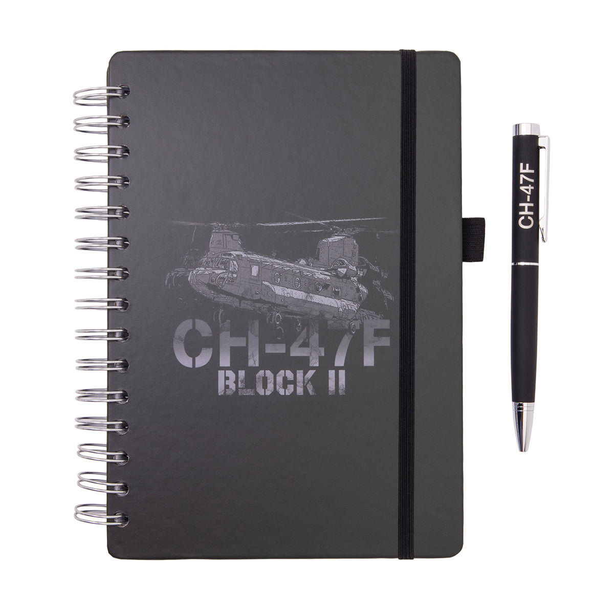 A Boeing CH-47F Block II Graphic Notebook Pen Set featuring a black spiral-bound notebook with a tandem-rotor helicopter graphic and matching black pen, ideal for aviation enthusiasts.