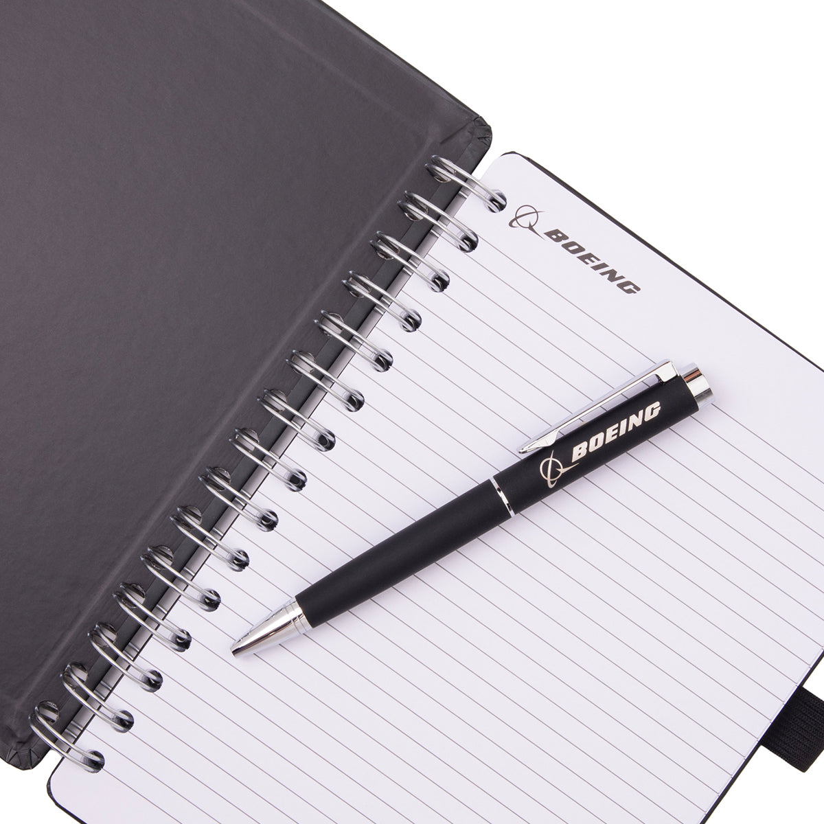 Boeing CH-47F Block II Graphic Notebook Pen Set featuring a spiral-bound notebook with lined pages and a matching black ballpoint pen.