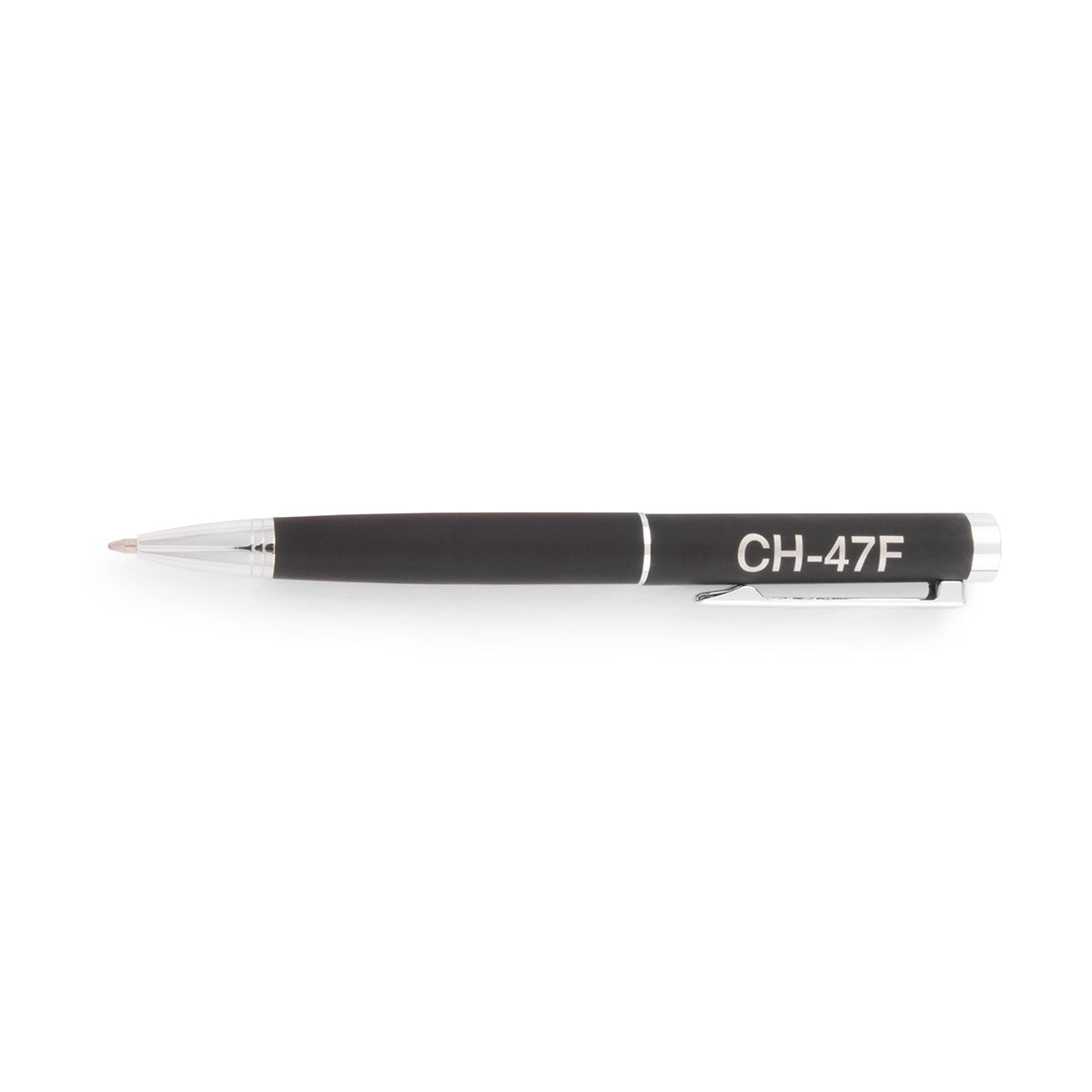 Boeing CH-47F Block II Graphic Notebook Pen, a black ballpoint pen with silver accents and CH-47F printed on the side, perfect for aviation enthusiasts.
