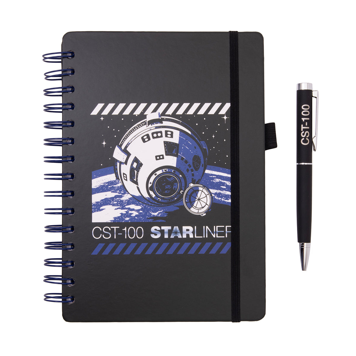Boeing CST-100 Starliner Graphic Notebook Pen Set featuring a spiral-bound black notebook with a CST-100 Starliner graphic over Earth and a matching black pen labeled CST-100.
