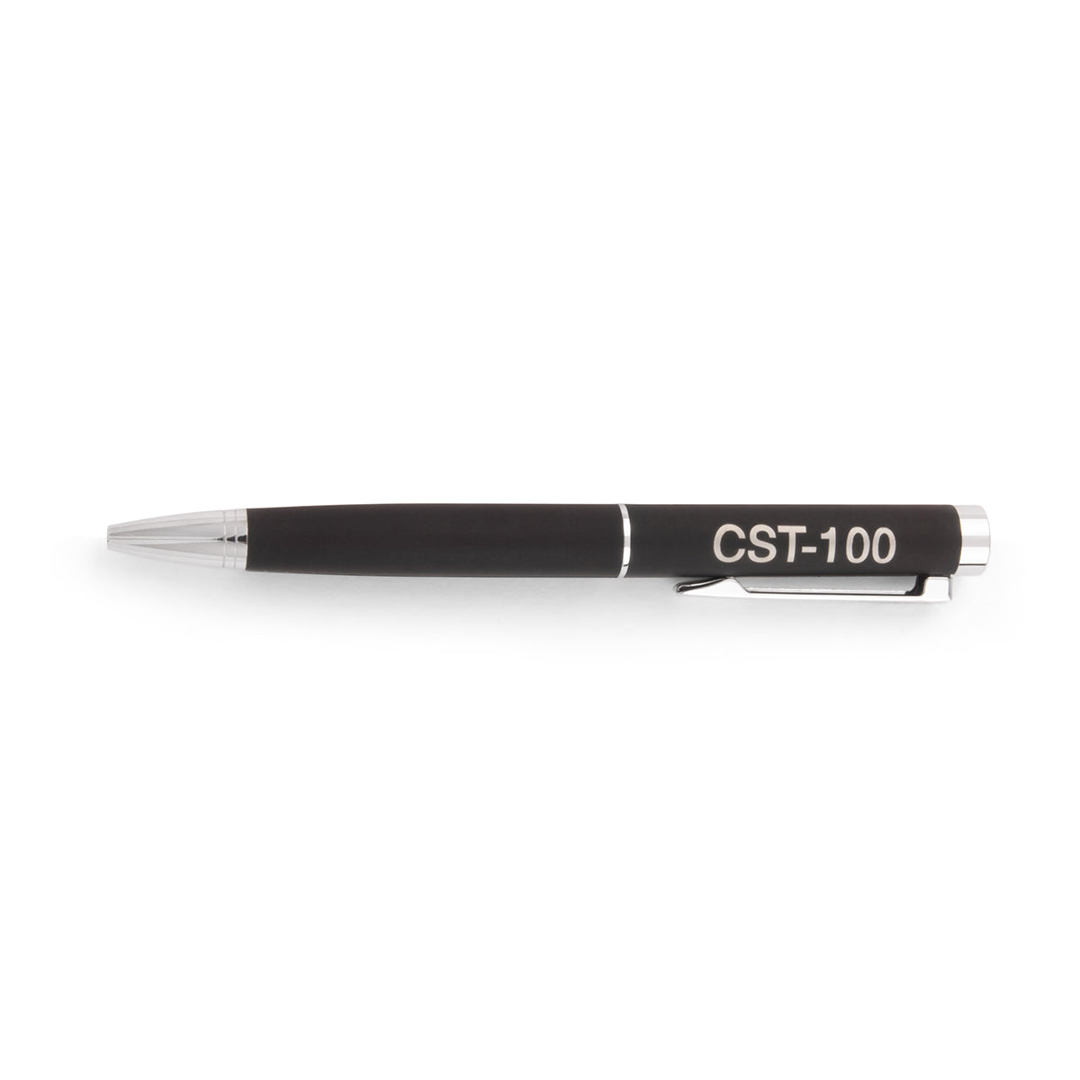 Boeing CST-100 Starliner Graphic Notebook Pen, a black ballpoint pen with silver accents and CST-100 Starliner branding on the barrel.