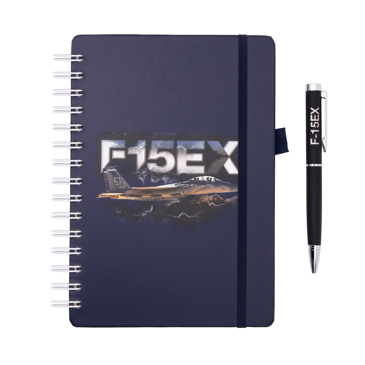 A dark blue spiral-bound Boeing F-15EX Eagle Graphic Notebook Pen Set featuring a matching black pen labeled F-15EX.