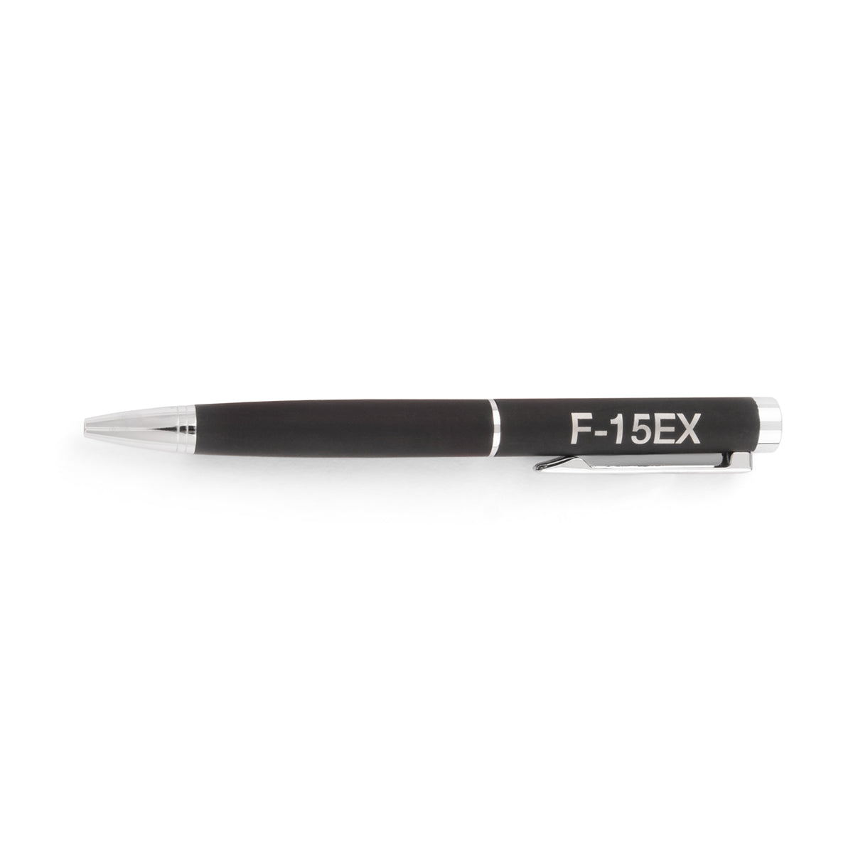 A black retractable ballpoint pen from the Boeing F-15EX Eagle Graphic Notebook Pen Set with silver trim and F-15EX printed in white on the barrel.
