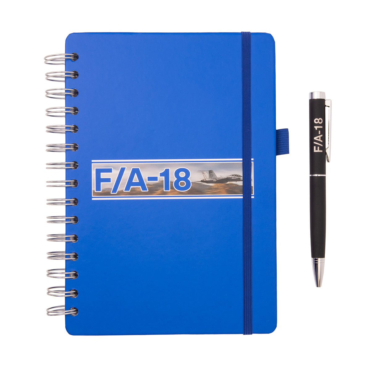 Blue spiral-bound Boeing F/A-18 Super Hornet Graphic Notebook Pen Set with a matching black pen, perfect for aviation enthusiasts.