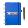 Blue spiral-bound Boeing F/A-18 Super Hornet Graphic Notebook Pen Set with a matching black pen, perfect for aviation enthusiasts.