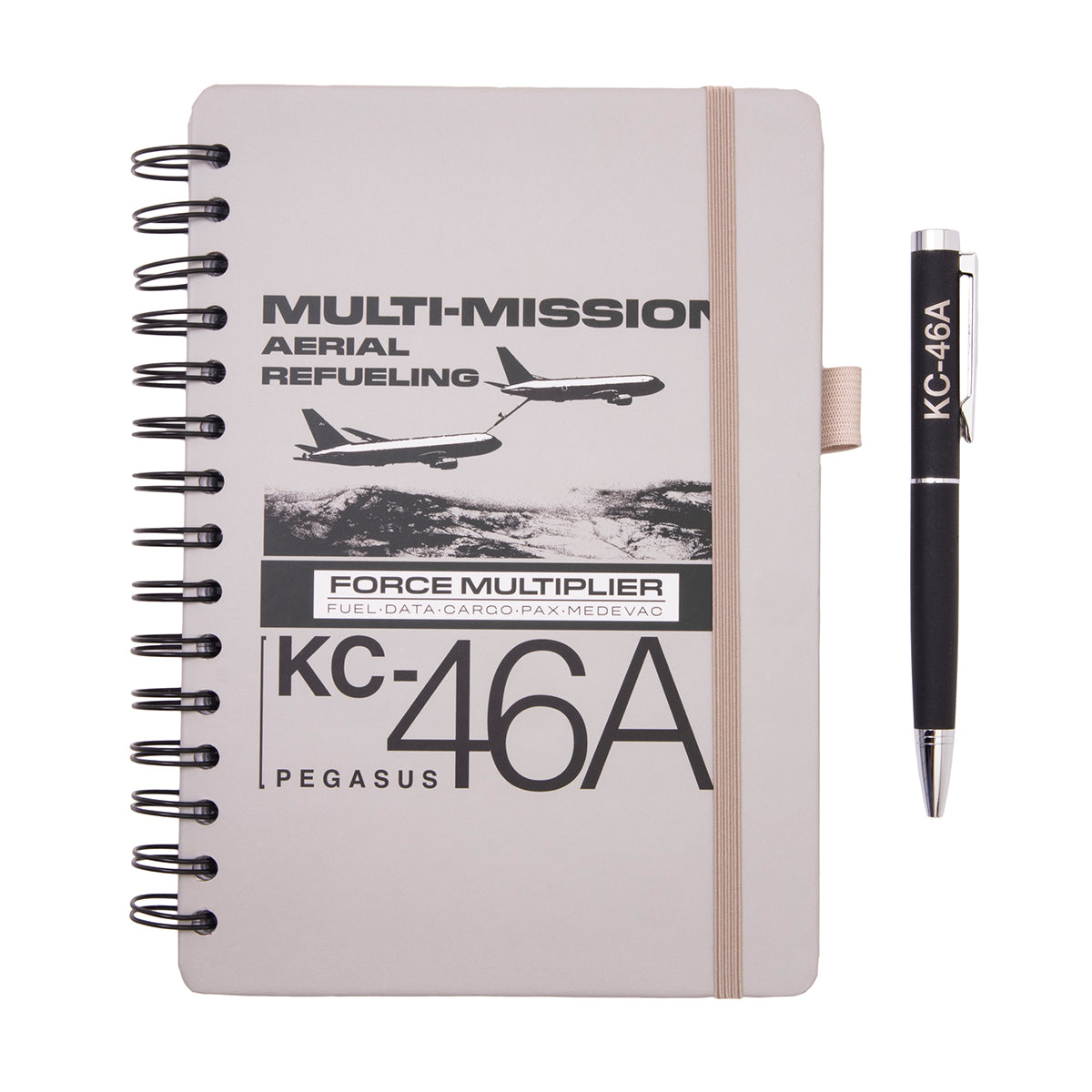 Boeing KC-46A Pegasus Graphic Notebook Pen Set featuring a spiral-bound notebook with an aerial refueling tanker illustration and a black aviation-themed pen.