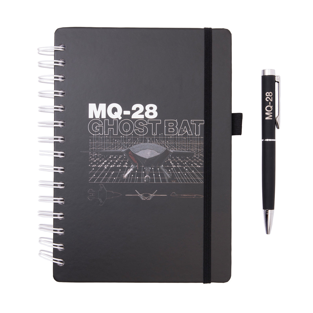 A Boeing MQ-28 Ghost Bat Graphic Notebook Pen Set consisting of a black spiral-bound notebook featuring an aircraft graphic and a matching black pen, designed for aviation enthusiasts.