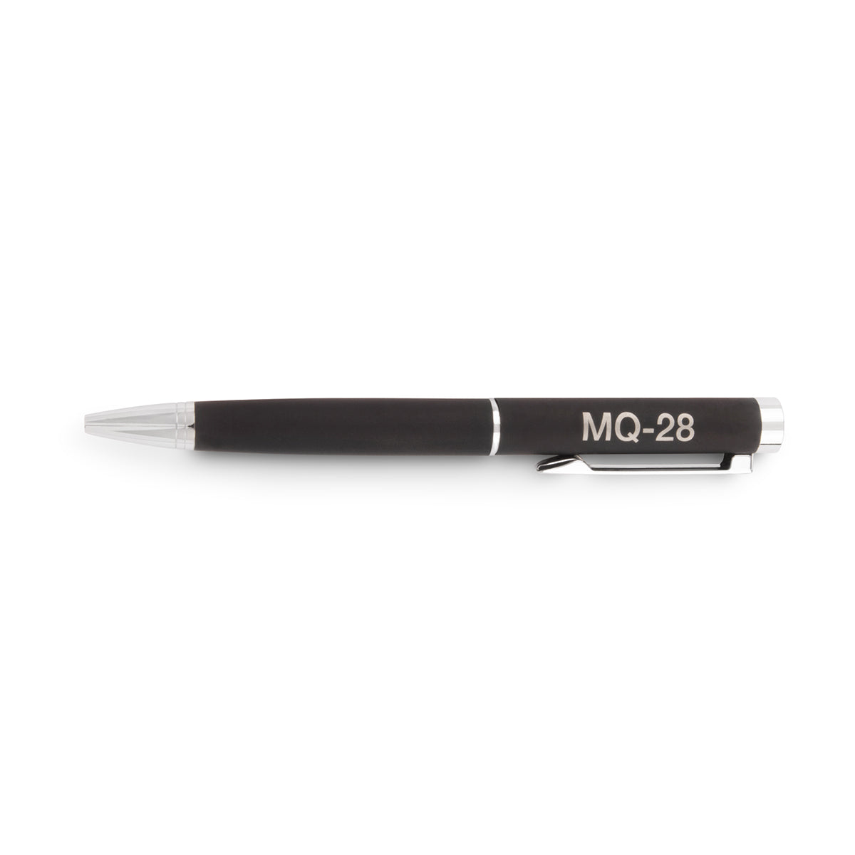 Black Boeing MQ-28 Ghost Bat Graphic Notebook Pen with silver accents and the model name printed on the barrel.
