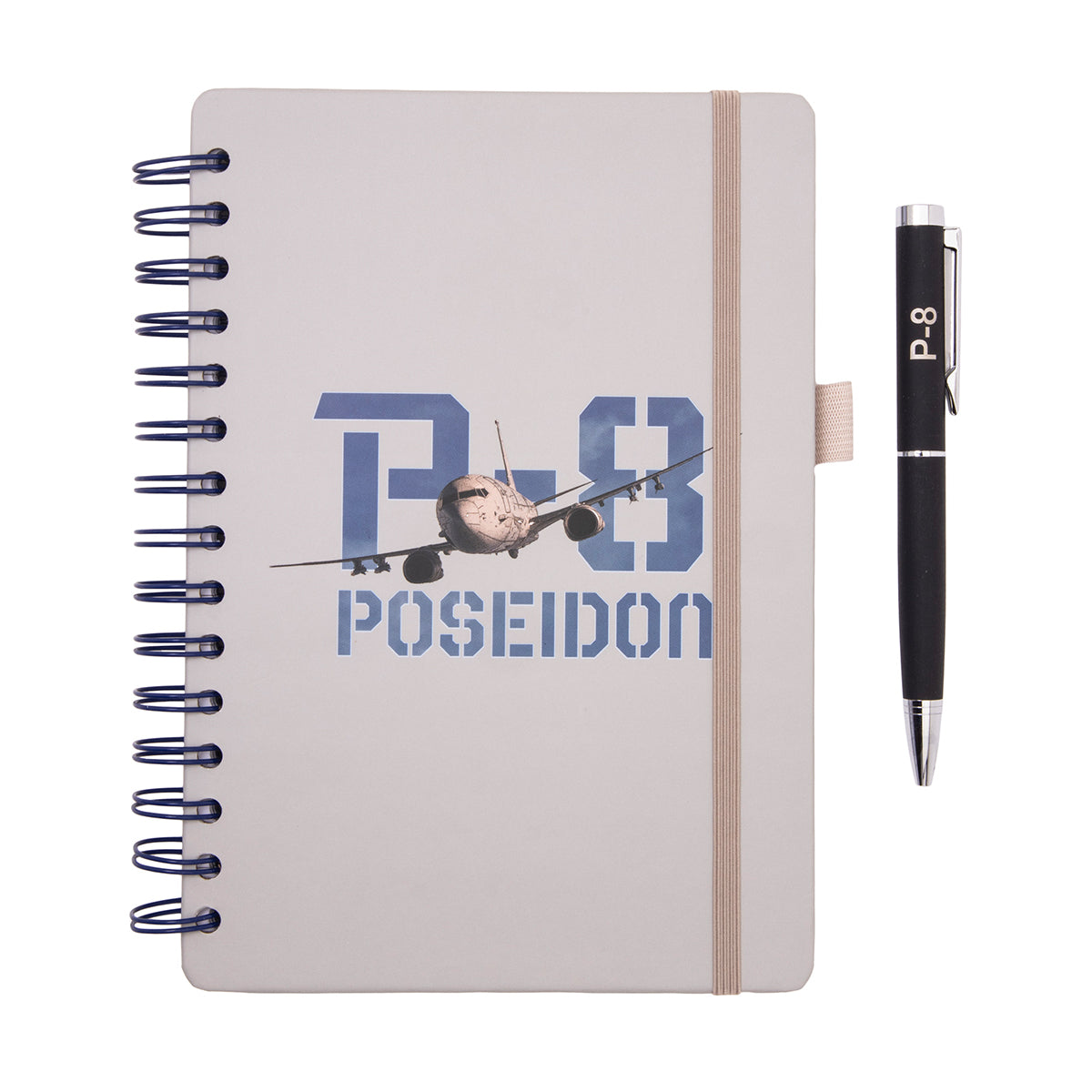 Boeing P-8 Poseidon Graphic Notebook Pen Set featuring a spiral-bound notebook with a P-8 Poseidon aircraft graphic and a matching black pen.
