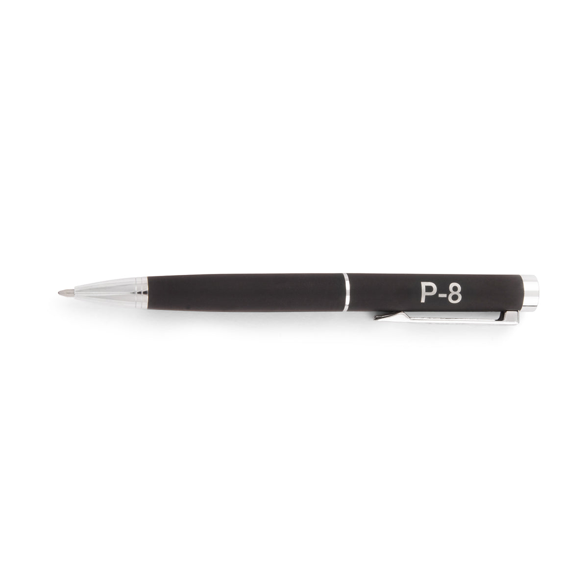 Black retractable Boeing P-8 Poseidon Graphic Notebook Pen Set with silver accents and P-8 printed on the barrel.