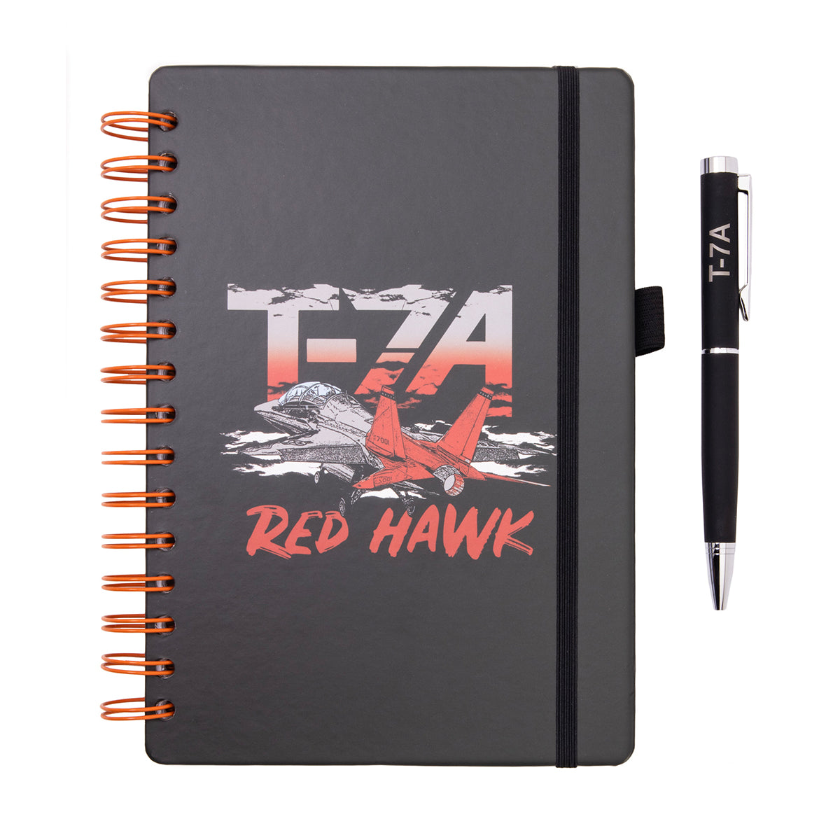 Boeing T-7A Red Hawk Graphic Notebook Pen Set featuring a spiral-bound notebook and a matching black pen labeled T-7A.