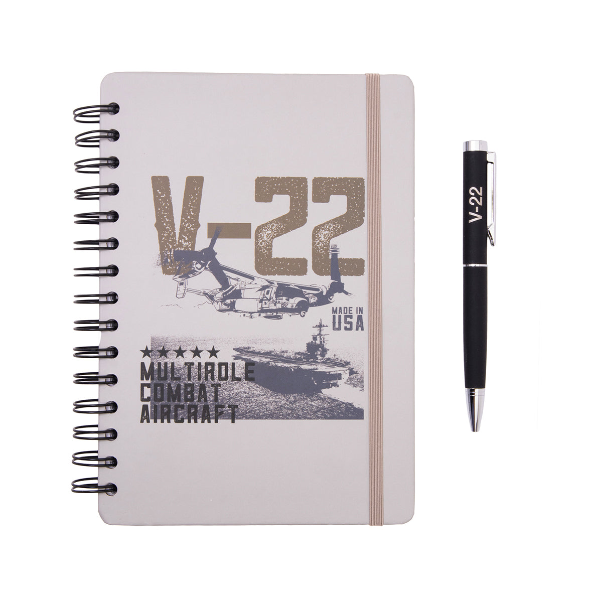 Boeing V-22 Osprey Graphic Notebook Pen Set featuring a spiral-bound notebook with an aircraft graphic and a matching black ballpoint pen.