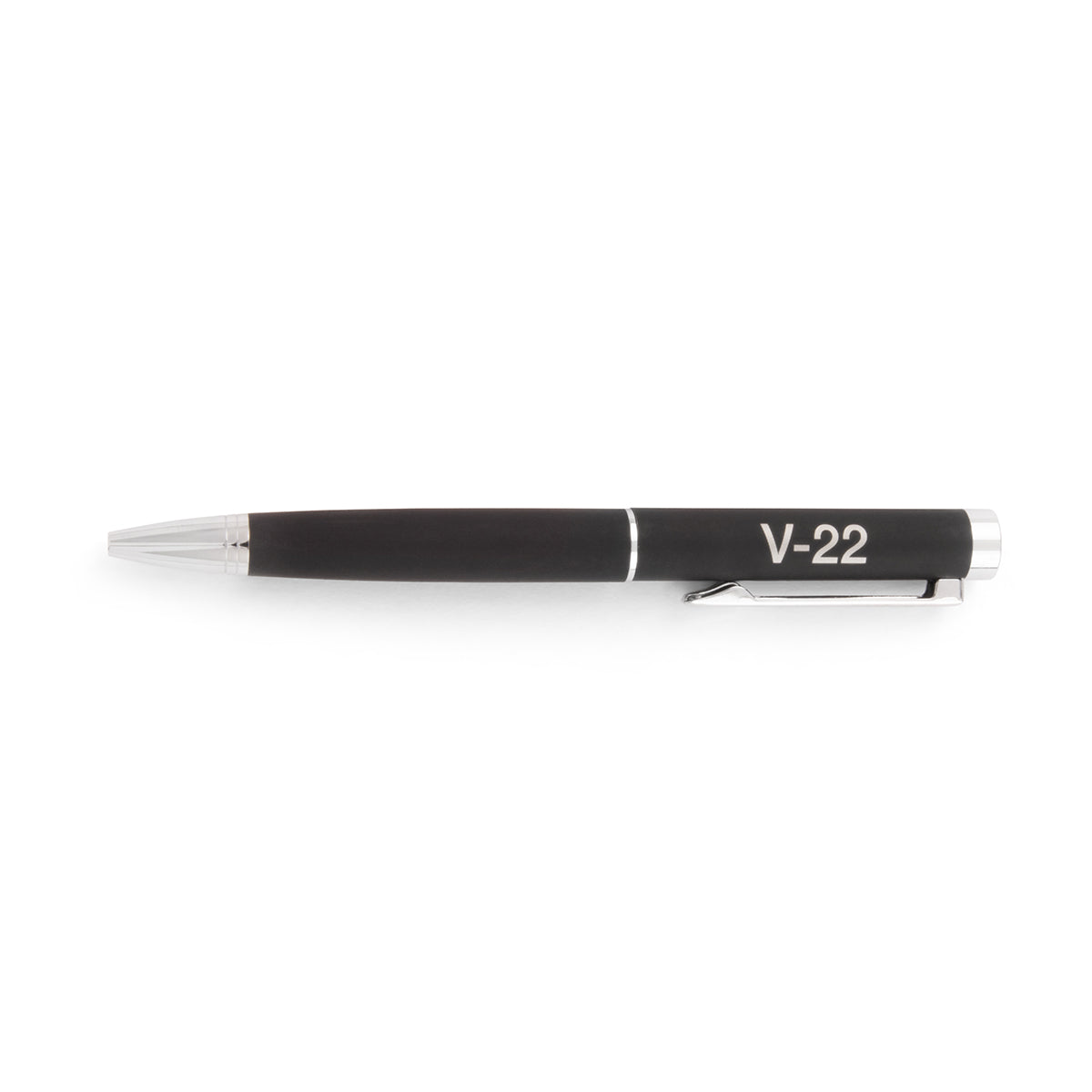 A black retractable Boeing V-22 Osprey Graphic Notebook Pen Set featuring a silver clip and the text V-22 printed in white on the barrel.