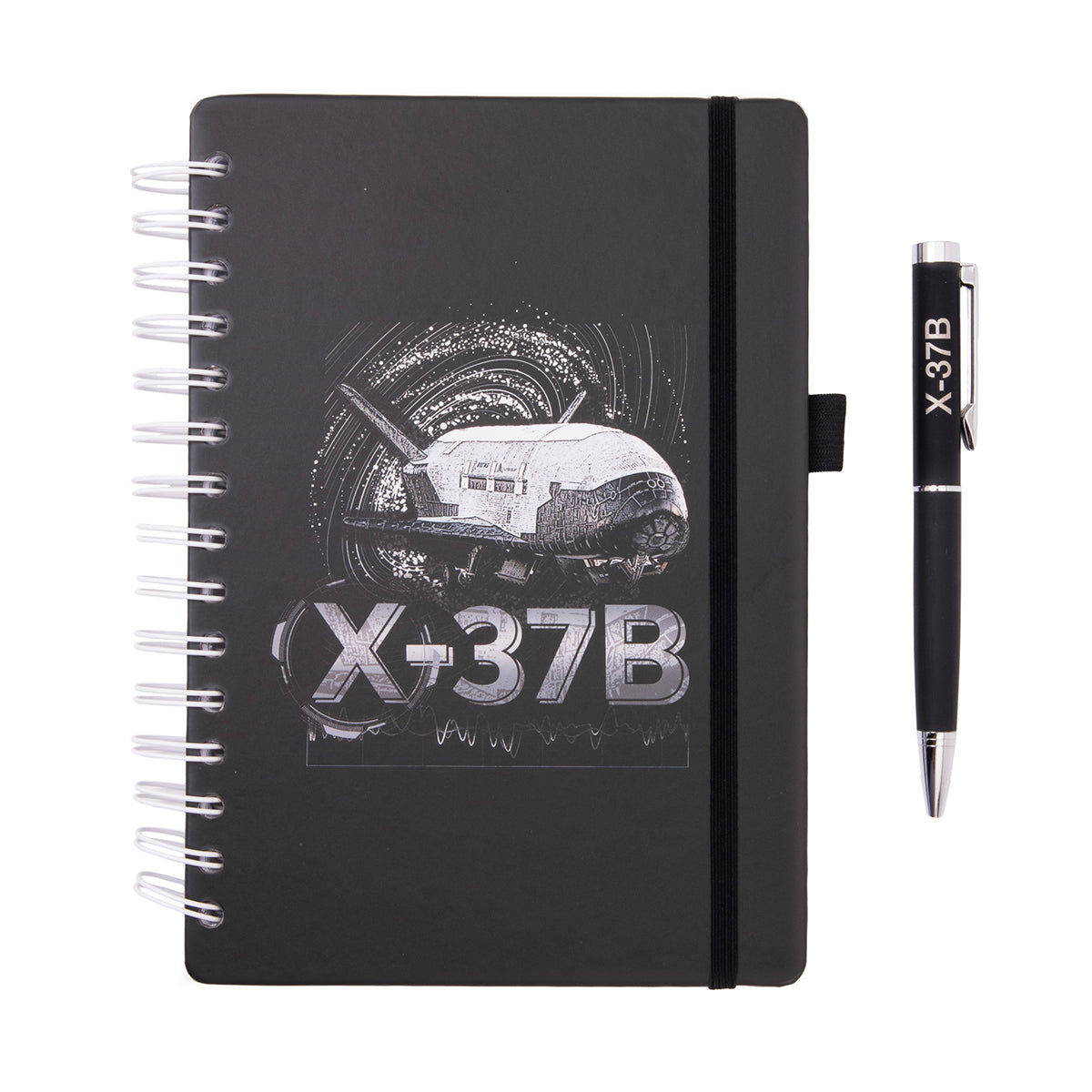 Boeing X-37B Orbital Test Vehicle Graphic Notebook Pen Set featuring a spiral-bound black notebook with a graphic of the X-37B and a matching pen, perfect for aviation enthusiasts.