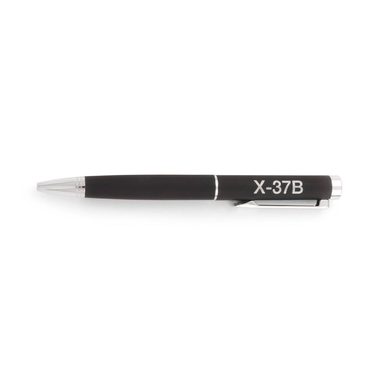 Black retractable Boeing X-37B Orbital Test Vehicle Graphic Notebook Pen with silver accents and X-37B Orbital Test Vehicle printed on the barrel.