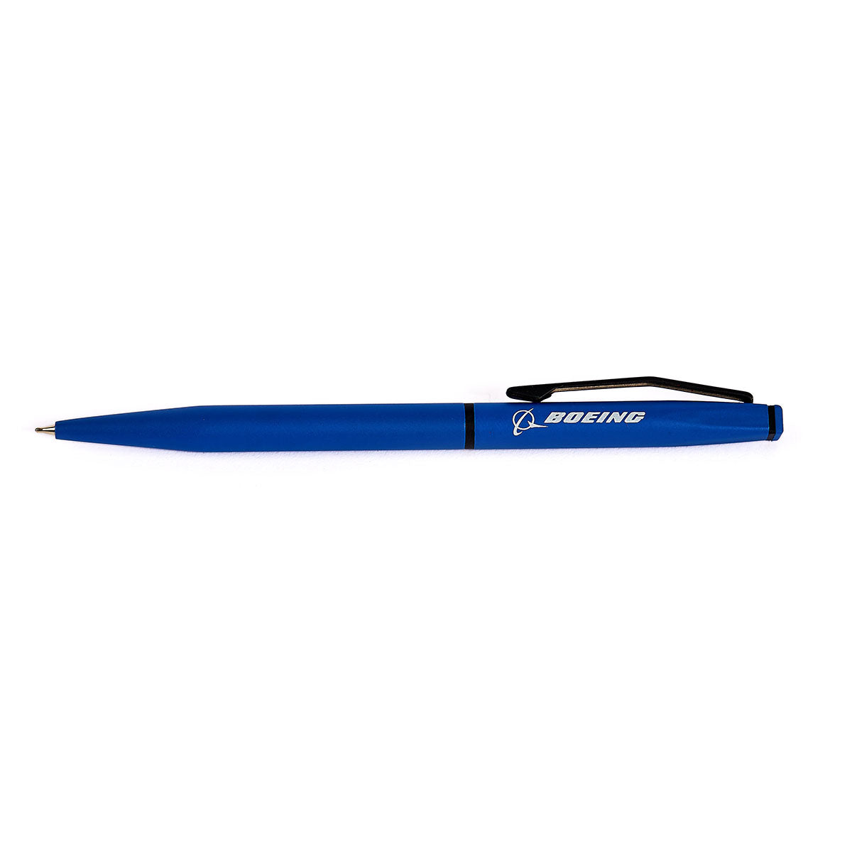 The Boeing Store's Square Twist Ballpoint Pen features a sleek blue aluminum barrel, black clip, and white Boeing logo on the side, displayed against a white background.