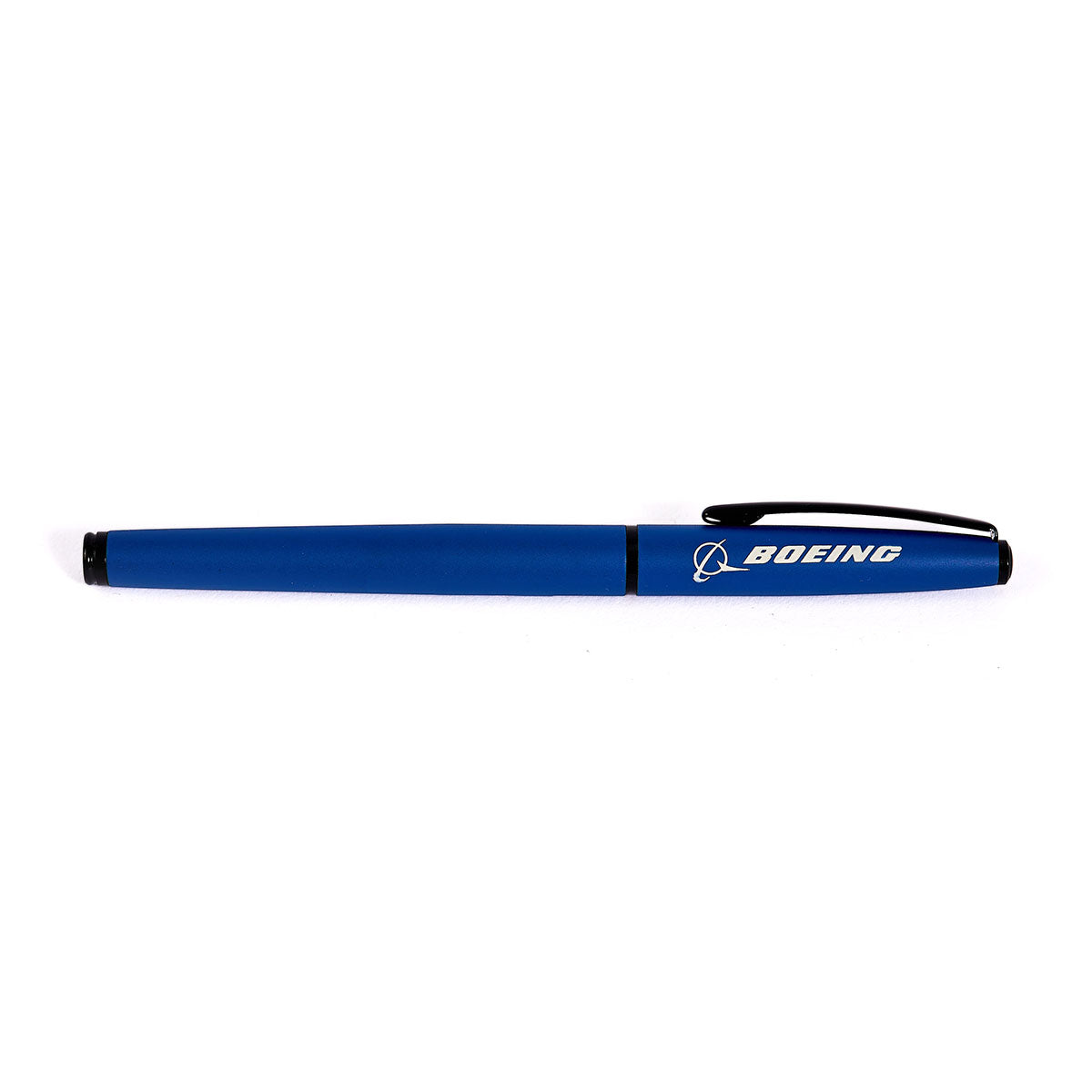 The Boeing Stores Boeing Matte Rollerball Pen with Cap, featuring a black clip and the Boeing logo in white on its aluminum barrel, is elegantly displayed horizontally against a pristine white background.