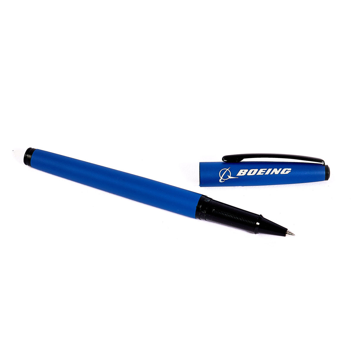 The Boeing Stores Boeing Matte Rollerball Pen features a sleek blue aluminum design with a black tip and cap clip, prominently displaying the Boeing logo.