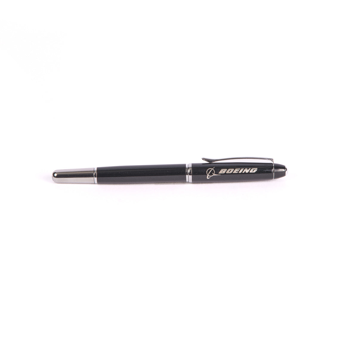The Boeing Stores Boeing Shimmer Rollerball Pen features sleek black design, stainless steel accents, and the Boeing logo. Perfect for writing tasks, it is displayed horizontally against a white background.