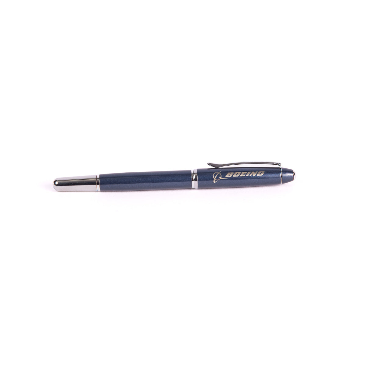 The Boeing Stores Boeing Shimmer Rollerball Pen, featuring a blue finish with a silver clip and gold Boeing logo, is perfect for writing tasks. Its sleek design and stainless steel details elegantly stand out against a white background.