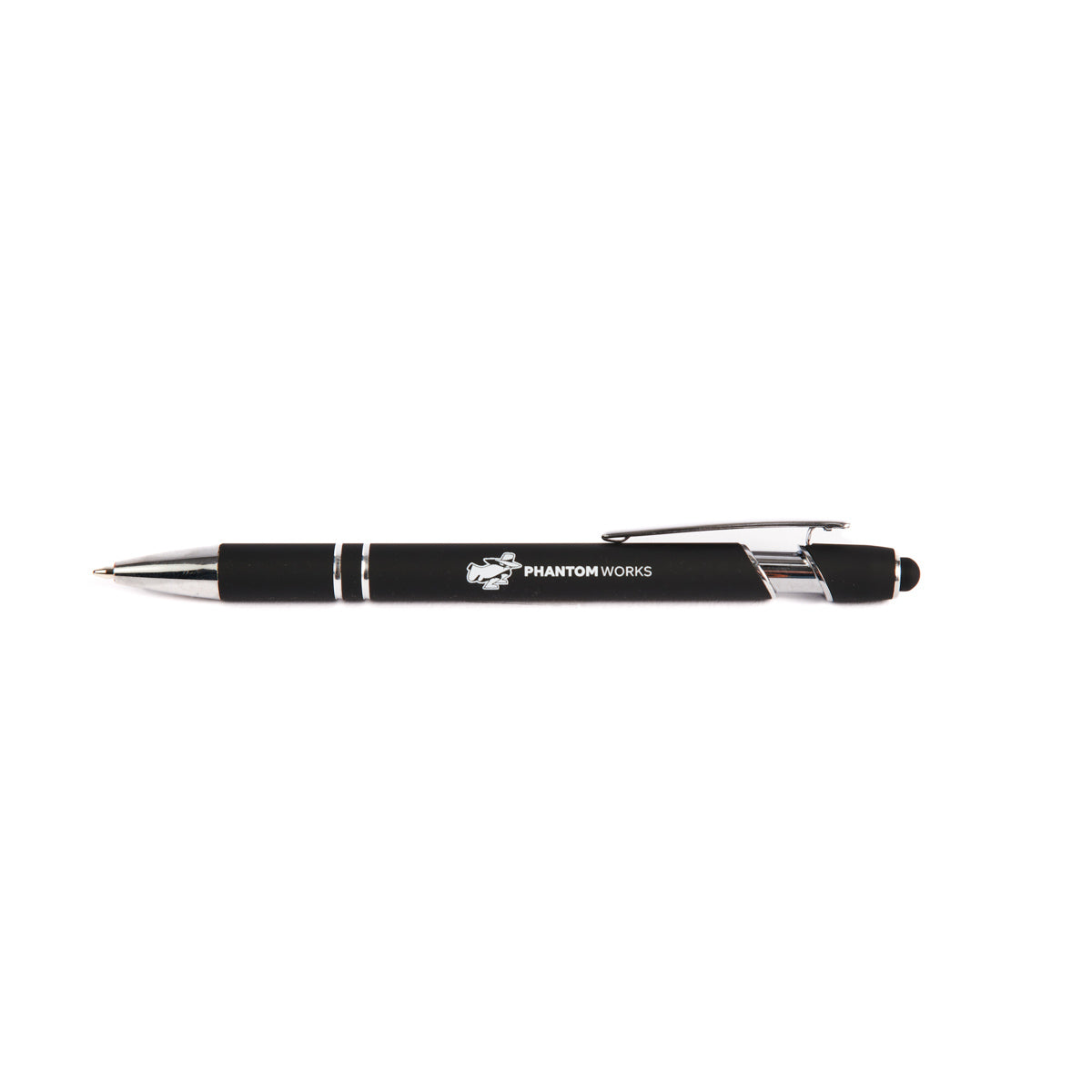 The Boeing Stores sleek black Boeing Phantom Works Stylus Pen features a silver tip and clip, with the Phantom Works logo and PHANTOM WORKS in white. This elegant pen on a white background also functions as a touchscreen stylus.