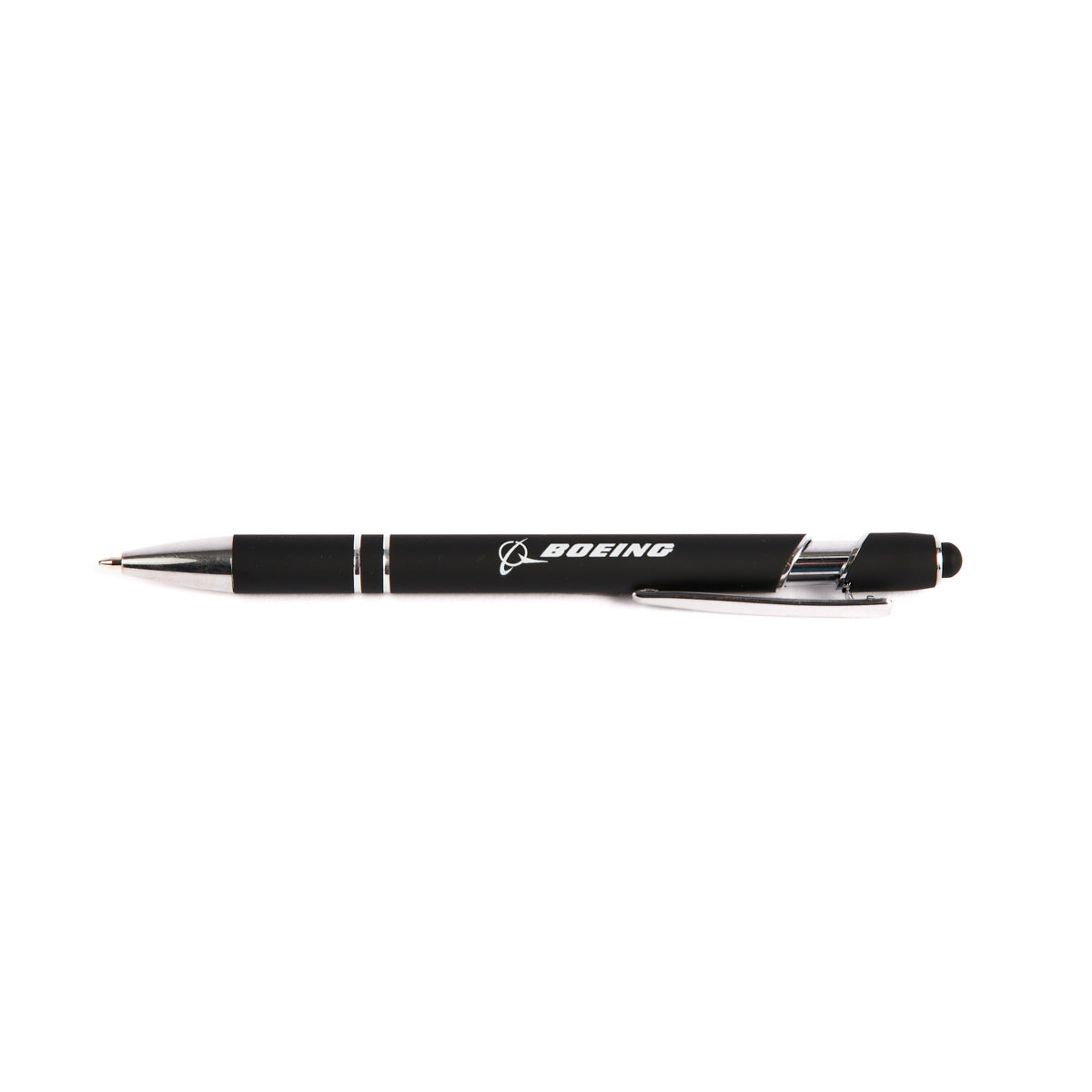 The Boeing Phantom Works Stylus Pen from The Boeing Store features a black ballpoint with a silver clip and tip, BOEING and logo in white, and includes a top click mechanism for classic style combined with modern touchscreen functionality.