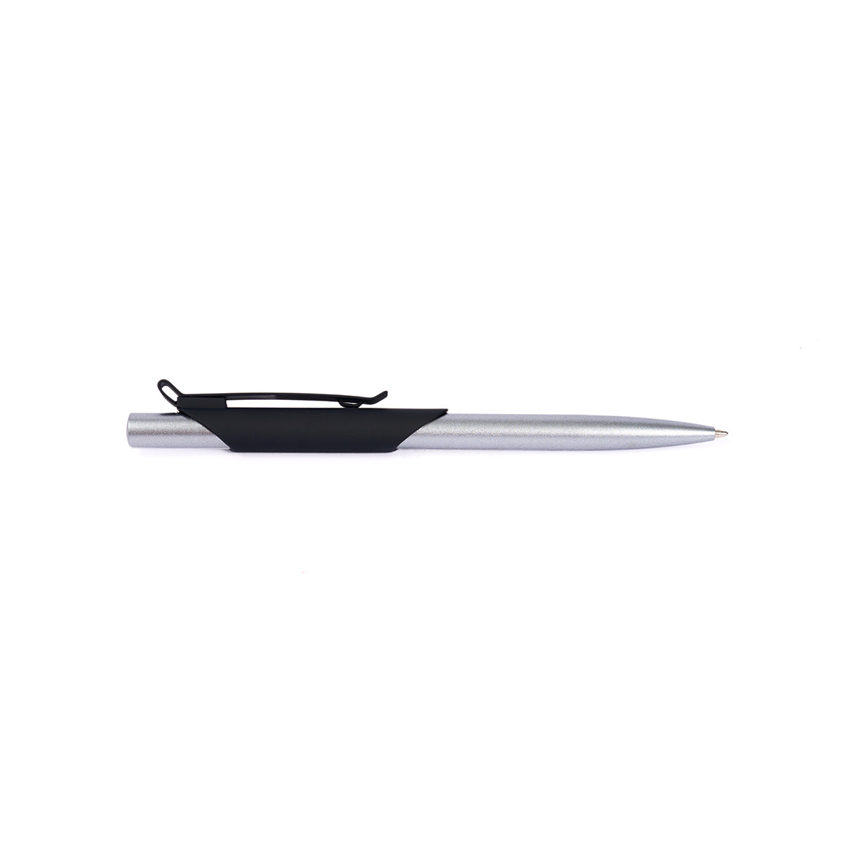 The Boeing Recycled Aluminum Pen, crafted from recycled aluminum with a silver finish and black clip, boasts a streamlined design and is displayed horizontally against a plain white background.
