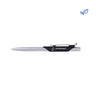 The Boeing Recycled Aluminum Pen, with a sleek silver body and black clip, rests horizontally. Its minimalist design contrasts against a plain white background, while a small blue leaf logo in the top right corner emphasizes its eco-friendly essence.