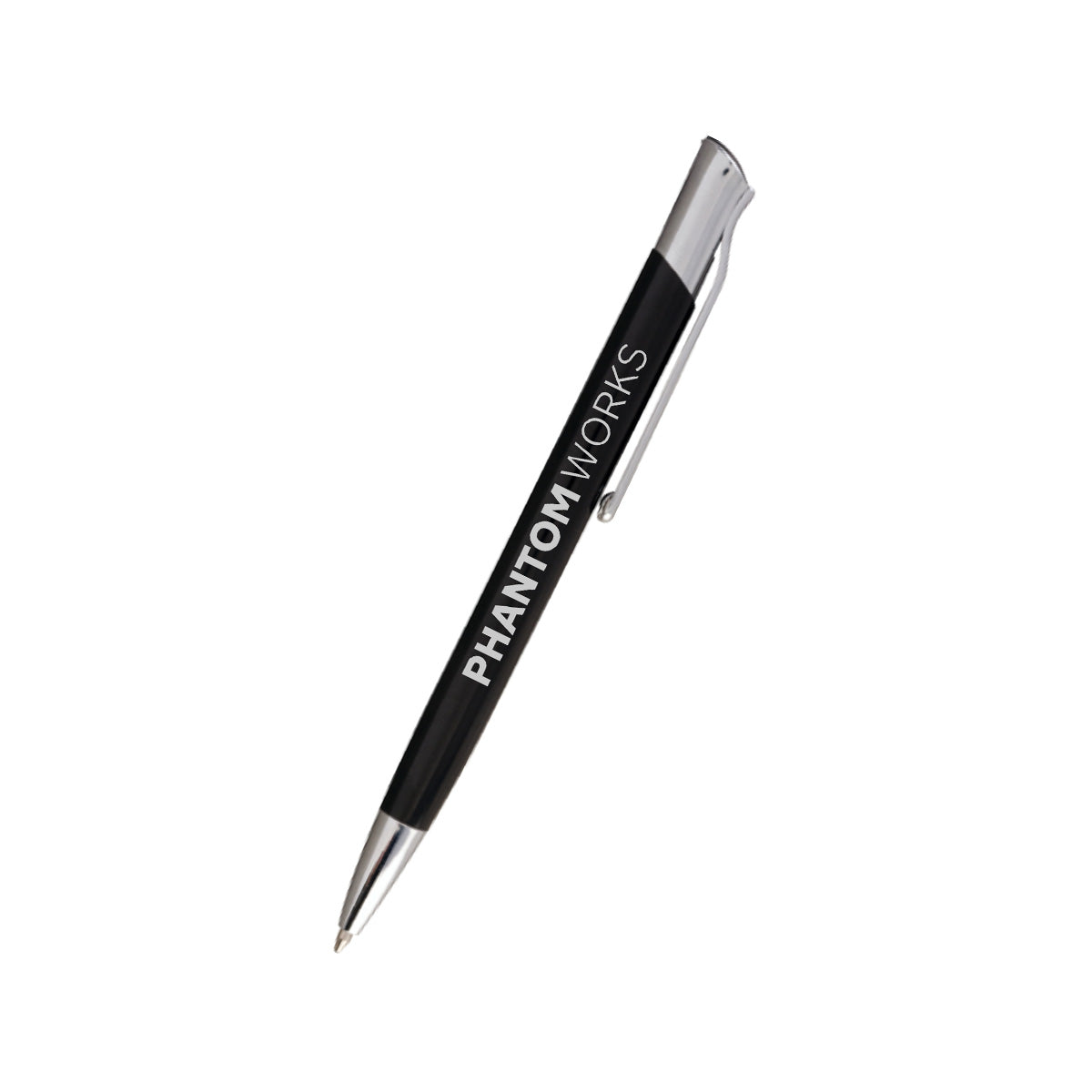 The Boeing Phantom Works 2025 Pen by Boeing is an executive ballpoint pen with a black barrel, silver clip and top, and “PHANTOM WORKS” printed in white—perfect for aviation enthusiasts.