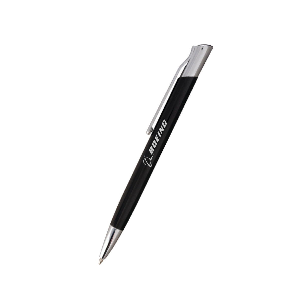 The Boeing Phantom Works 2025 Pen features a sleek black and silver design with a metal clip and the Boeing logo—an ideal gift for aviation enthusiasts.