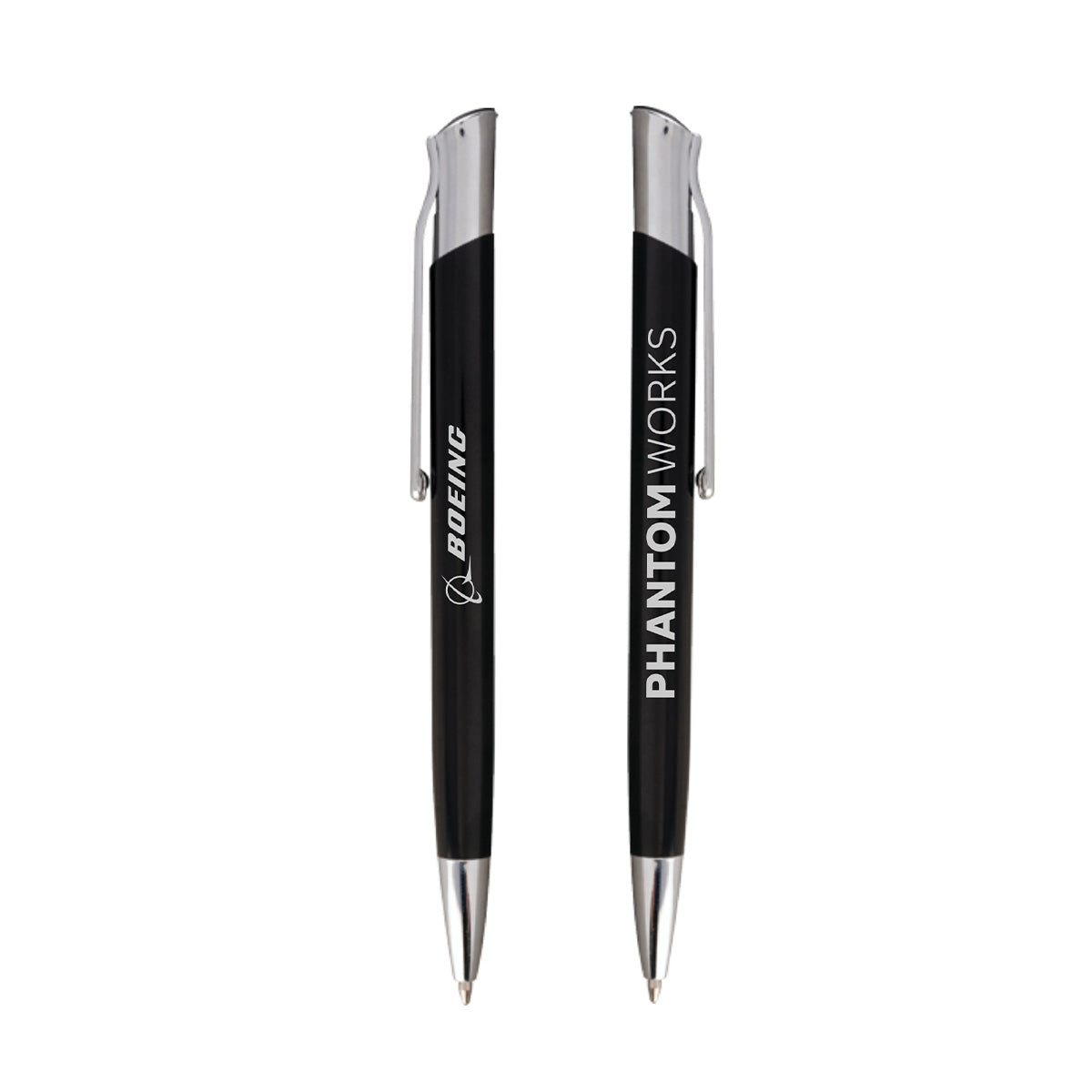 Two black and silver Boeing Phantom Works 2025 Pens with metal clips, shown from both sides. One side features the Boeing logo; the other reads PHANTOM WORKS—ideal for aviation enthusiasts and collectors.