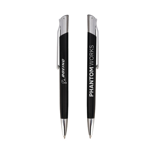 Two black and silver Boeing Phantom Works 2025 Pens with metal clips, shown from both sides. One side features the Boeing logo; the other reads PHANTOM WORKS—ideal for aviation enthusiasts and collectors.
