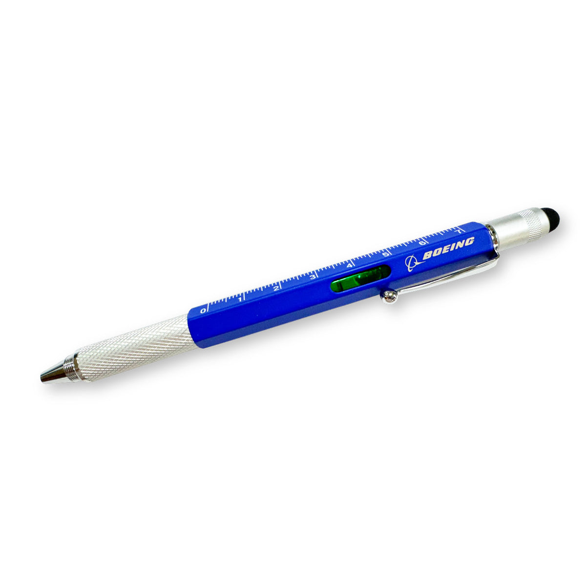 A blue Boeing Blue 4-in-1 Multifunction Tool Pen featuring a ruler, a small spirit level, and a stylus tip.