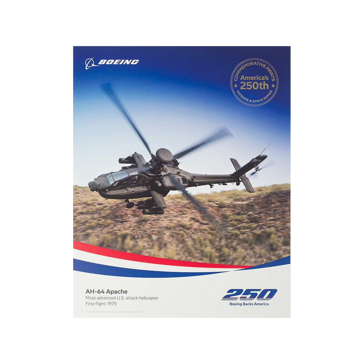 The Boeing America 250 AH-64 Apache Print by BOEING features a limited-edition design with the iconic attack helicopter above a blurred landscape and a gold “Americas 250th” seal, commemorating aviation history.