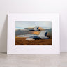 Boeing F/A-18 & EA-18G Matted Print - Large: This high-resolution digital print features two military fighter jets in tandem flight over a blurred brown and green landscape, framed with a white mat embossed with the Boeing logo.