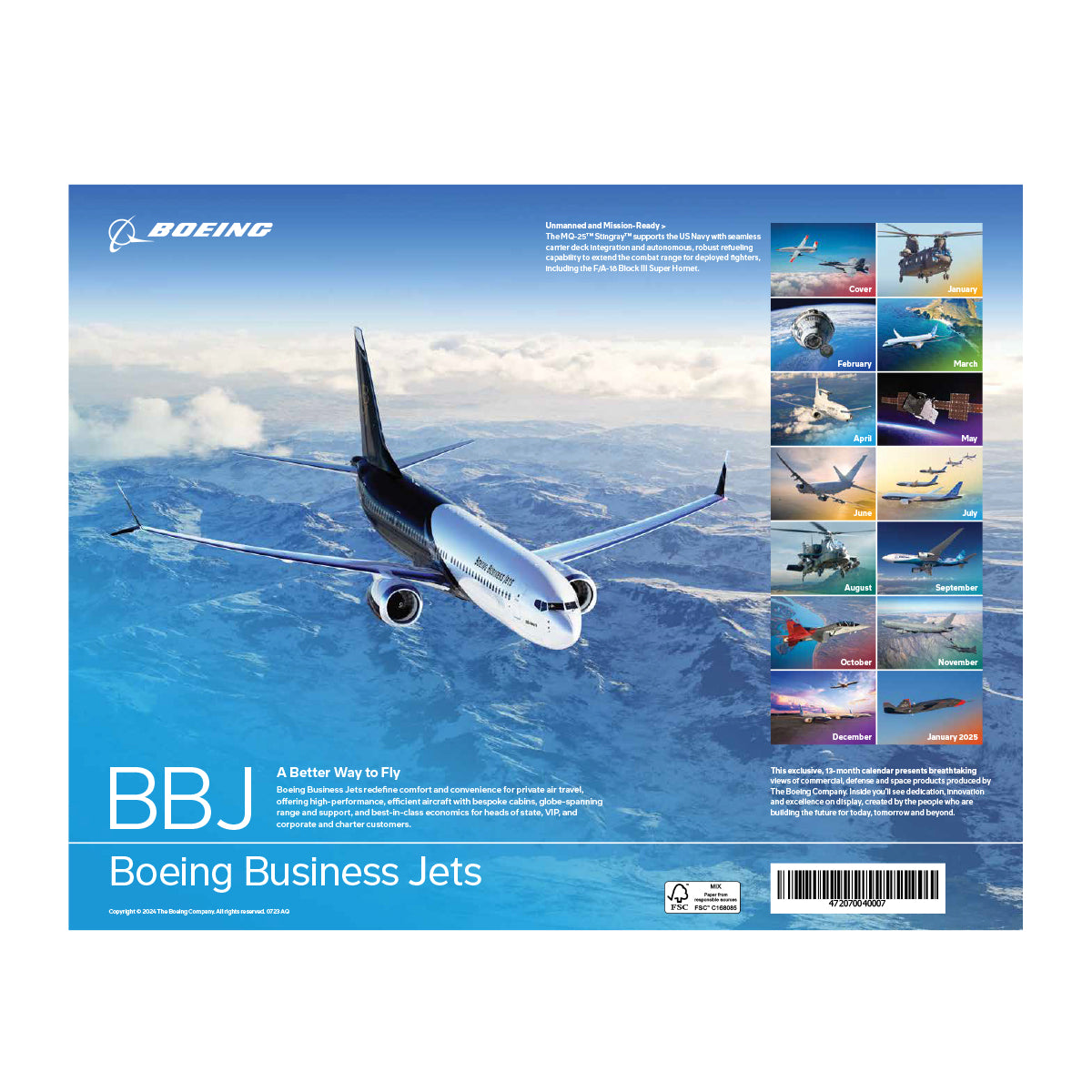 The Boeing 2024 Calendar features a striking photo of a Boeing Business Jet soaring above the clouds, with the Boeing logo and BBJ text visible. Additional Boeing aircraft images complete this official calendar from Boeing.