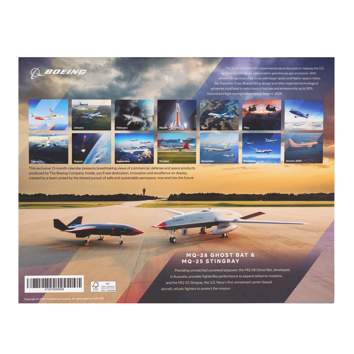 The picture displays the Boeing 2025 Calendar with monthly images of aerospace products, including two aircraft on an airstrip: MQ-28 Ghost Bat and MQ-25 Stingray. Text highlights Boeings technologies and partnerships.