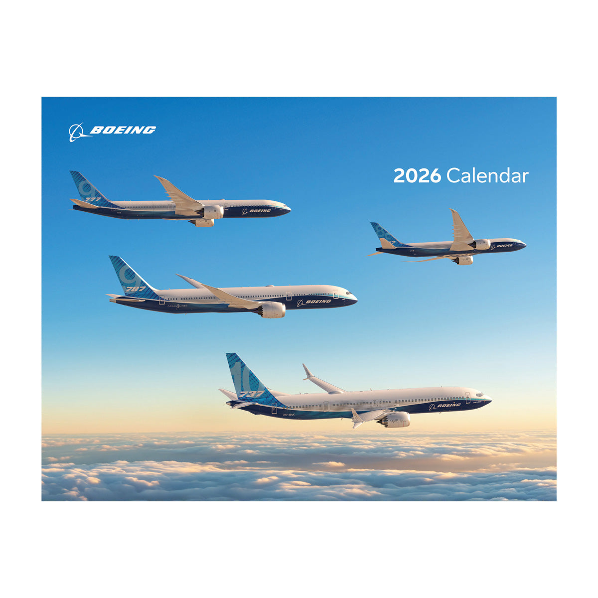Four Boeing airplanes fly above the clouds under a blue sky. The Boeing logo appears top left, while 2026 Boeing Calendar is displayed top right, highlighting the brands innovative aerospace products in flight.